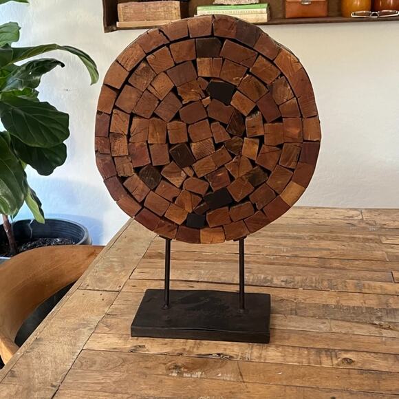 Unbranded Other - Individual Mosaic Wooden Blocks Wheel Sculpture On Base Stand 18" Tall